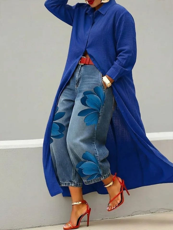 Maud - Linen Shirt Dress and Floral Jeans Set