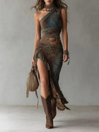 Karen™ | Ethnic One-Shoulder Slit Maxi Dress