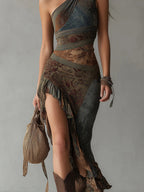 Karen™ | Ethnic One-Shoulder Slit Maxi Dress