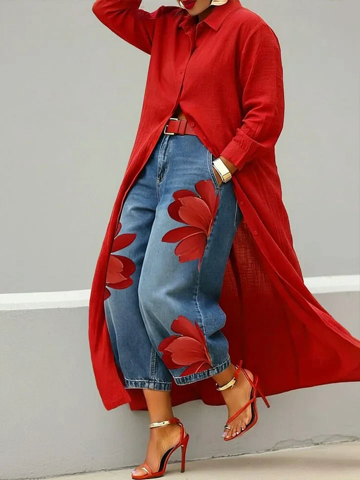 Maud - Linen Shirt Dress and Floral Jeans Set
