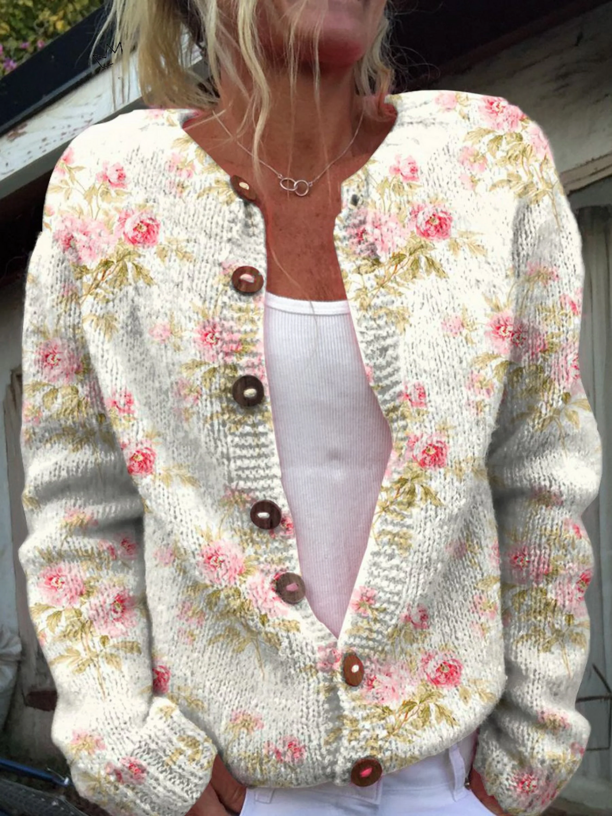 Julie - Fresh Pink Flowers and Green Leaves Print Buttoned Cardigan Sweater