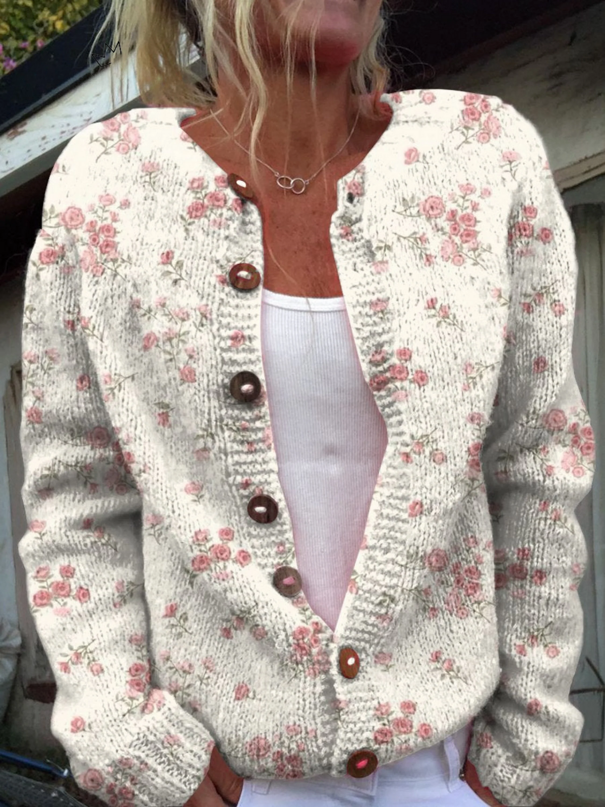 Tammy - Pink Rose Florets Print Buttoned Cardigan Sweater