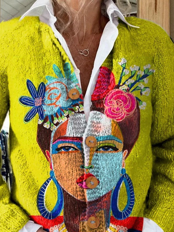 Sharon - Oil Painting Freda Portrait Art Printed Buttoned Cardigan Sweater