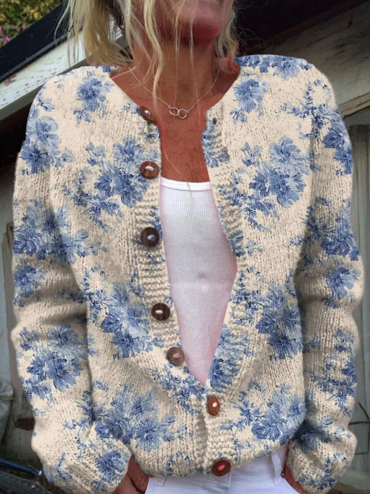 Sandra - Women's Lovely Floral Art Print Buttoned Cardigan Sweater