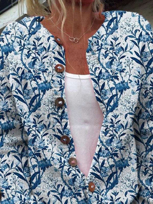 Angela - Elegant Blue And White Floral Pattern Print Buttoned Cardigan Sweater