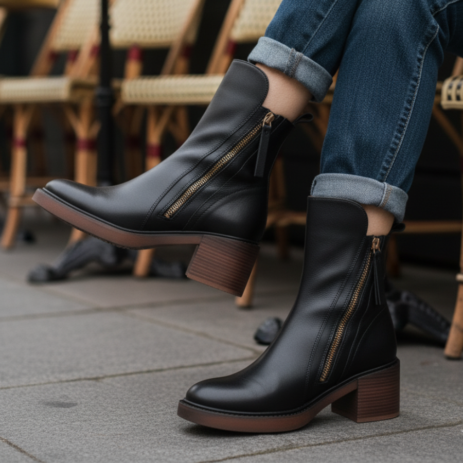 Valorine™ | Black leather boots with a comfortable heel, elegant and timeless.