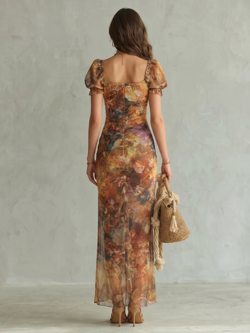 Skylar™ | Ruffled Sleeve Ruched Slit Midi Dress