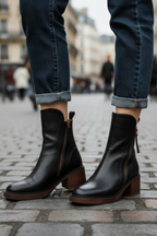 Valorine™ | Black leather boots with a comfortable heel, elegant and timeless.