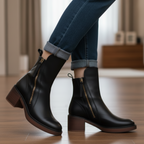 Valorine™ | Black leather boots with a comfortable heel, elegant and timeless.