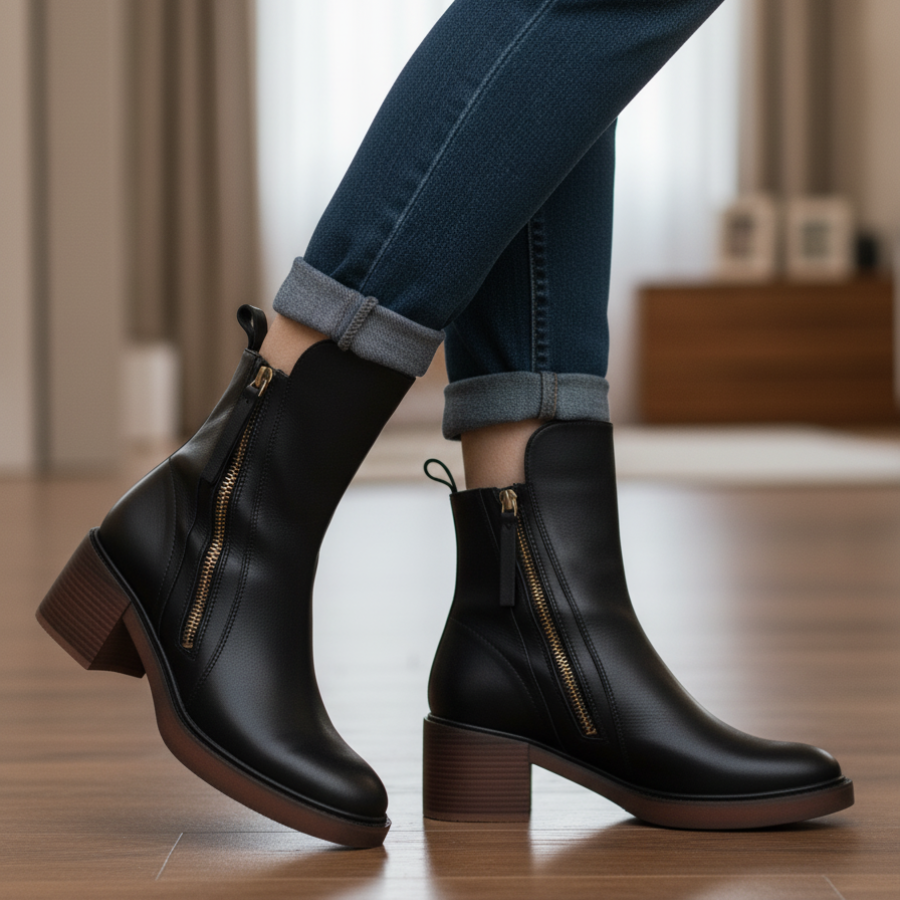 Valorine™ | Black leather boots with a comfortable heel, elegant and timeless.