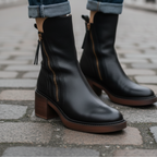Valorine™ | Black leather boots with a comfortable heel, elegant and timeless.