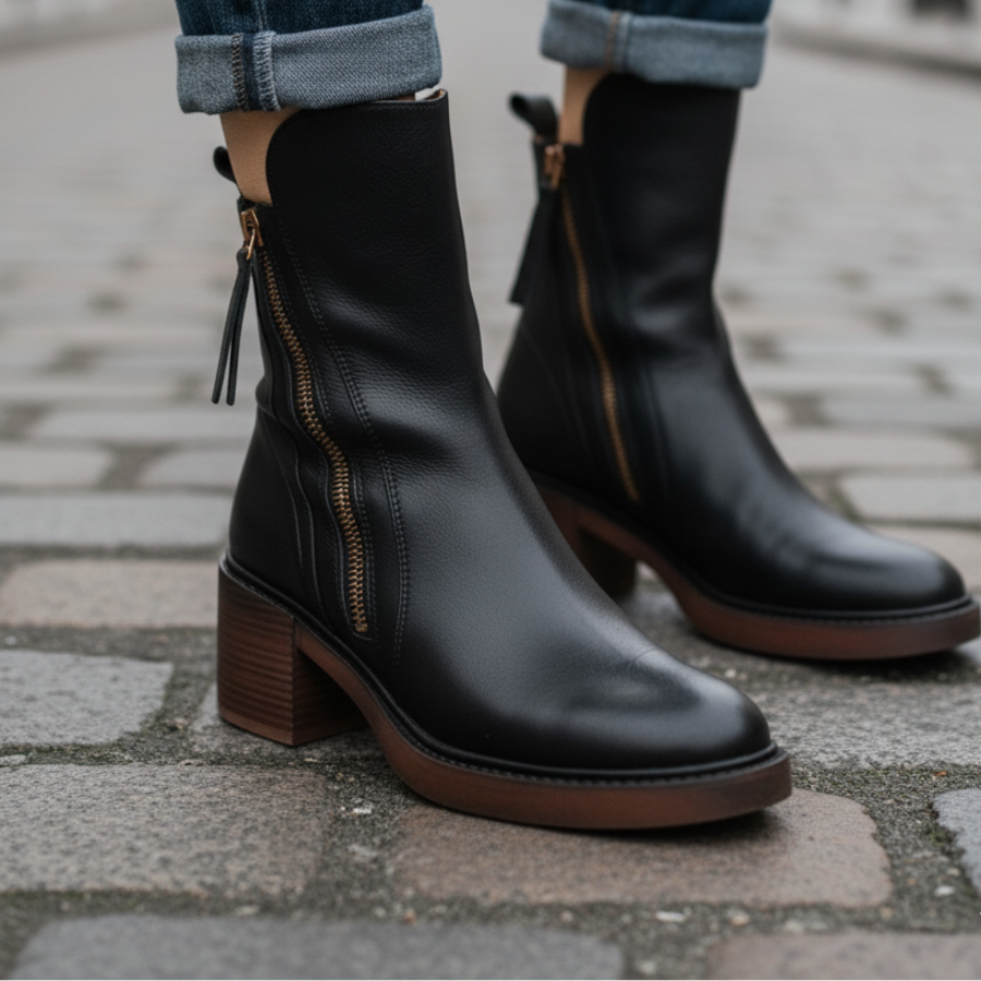 Valorine™ | Black leather boots with a comfortable heel, elegant and timeless.