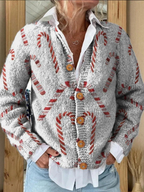 Barbara - Festive Candy Cane Decorative Pattern Buttoned Cardigan Sweater