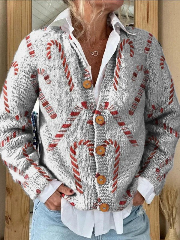 Barbara - Festive Candy Cane Decorative Pattern Buttoned Cardigan Sweater