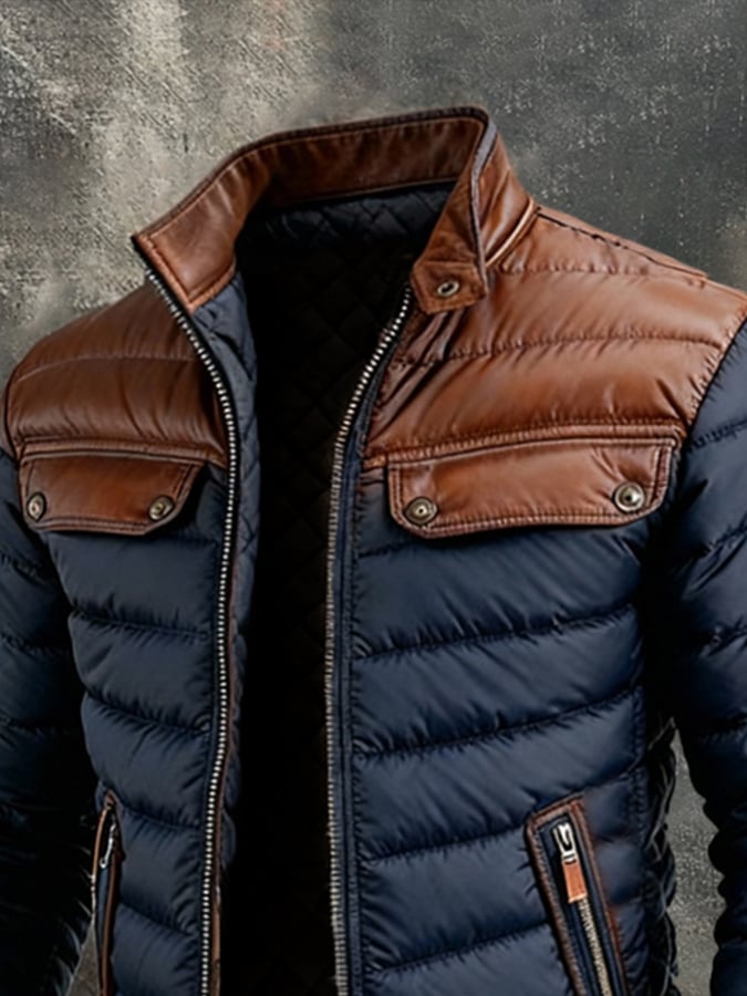 Oskar | Navy Quilted Jacket with Leather Inserts