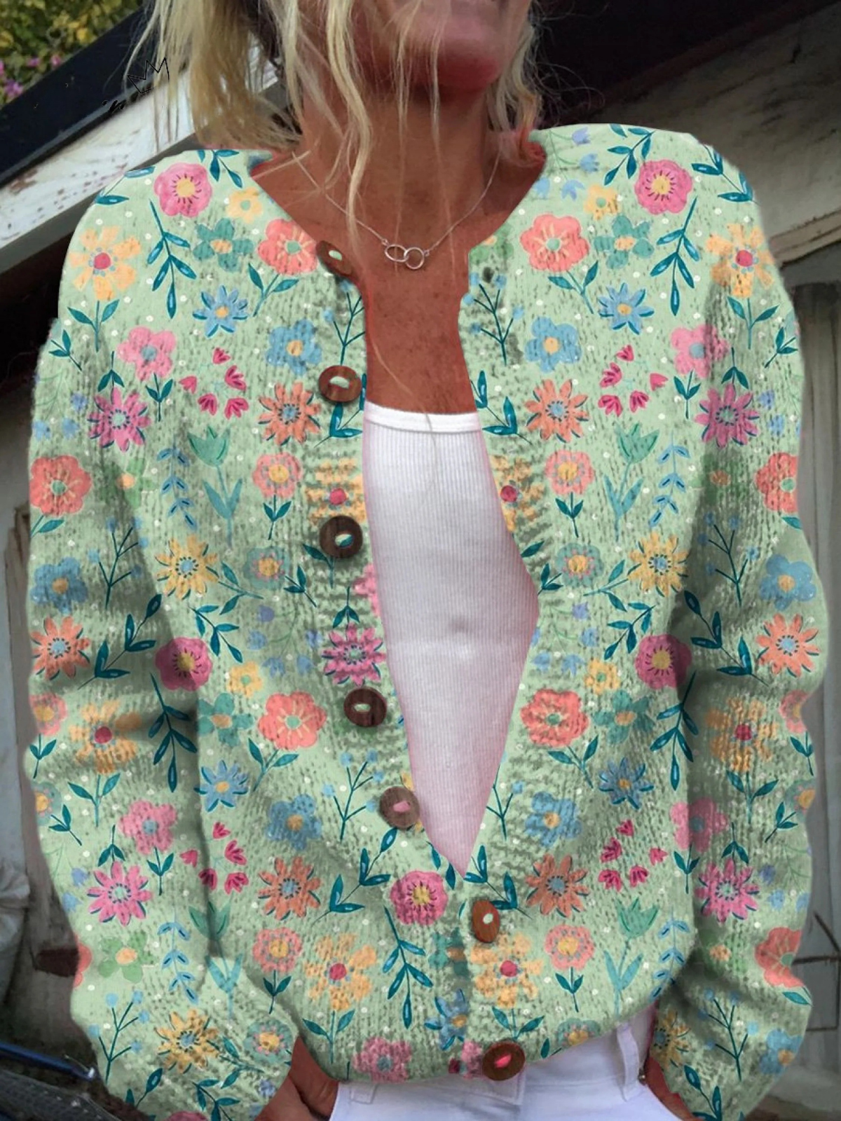 Jennifer - Summer Field Floral Pattern Print Buttoned Cardigan Sweater