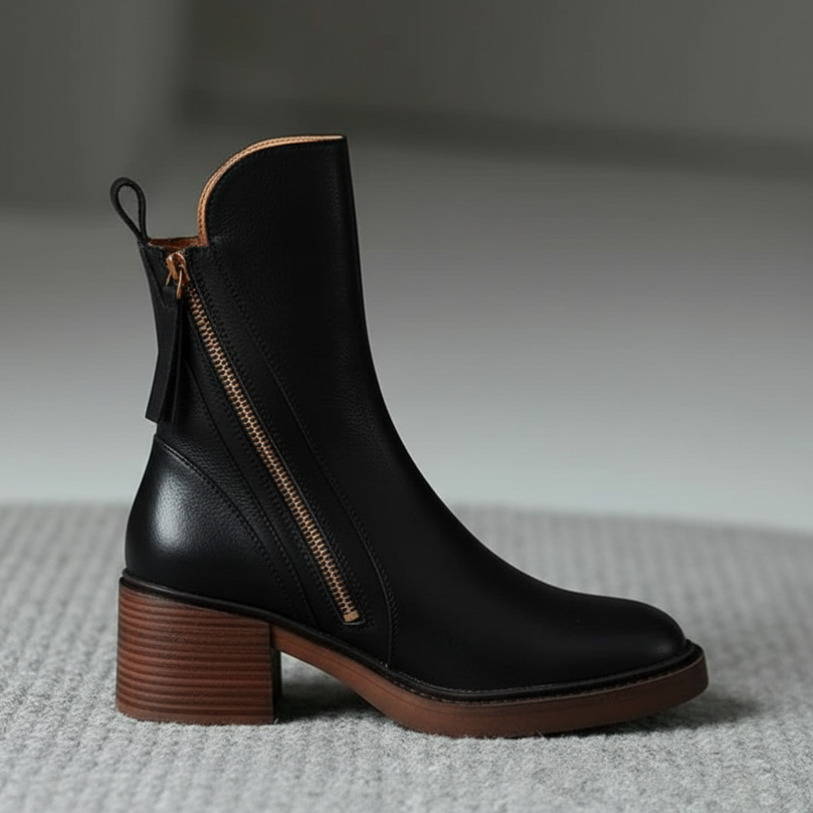 Valorine™ | Black leather boots with a comfortable heel, elegant and timeless.