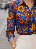 Long Sleeve Buttoned Flower Print Lapel Blouses & Shirts Tops