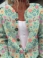 Jennifer - Summer Field Floral Pattern Print Buttoned Cardigan Sweater