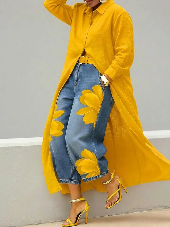 Maud - Linen Shirt Dress and Floral Jeans Set