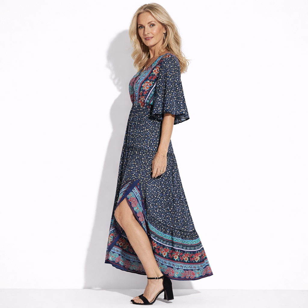 Lunea Mode® | Zahara - Bohemian Print V-Neck Maxi Dress