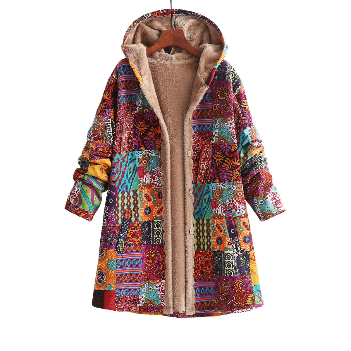 Winter Warm Plush Hooded Sweatshirt Cotton Linen Print Women's Fashion Outerwear Geometric Pattern Full Sleeve Polyester Fiber