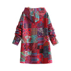 Winter Warm Plush Hooded Sweatshirt Cotton Linen Print Women's Fashion Outerwear Geometric Pattern Full Sleeve Polyester Fiber