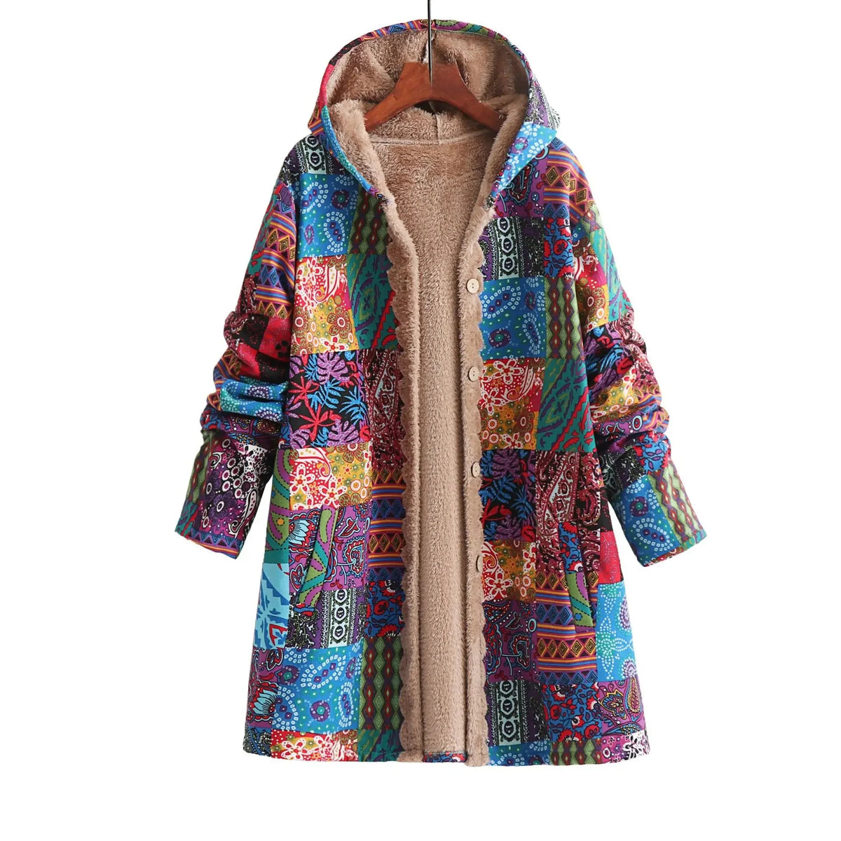 Winter Warm Plush Hooded Sweatshirt Cotton Linen Print Women's Fashion Outerwear Geometric Pattern Full Sleeve Polyester Fiber