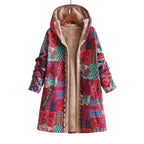 Winter Warm Plush Hooded Sweatshirt Cotton Linen Print Women's Fashion Outerwear Geometric Pattern Full Sleeve Polyester Fiber