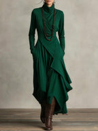 Purple High-Neck Asymmetrical Pleated Maxi Dress