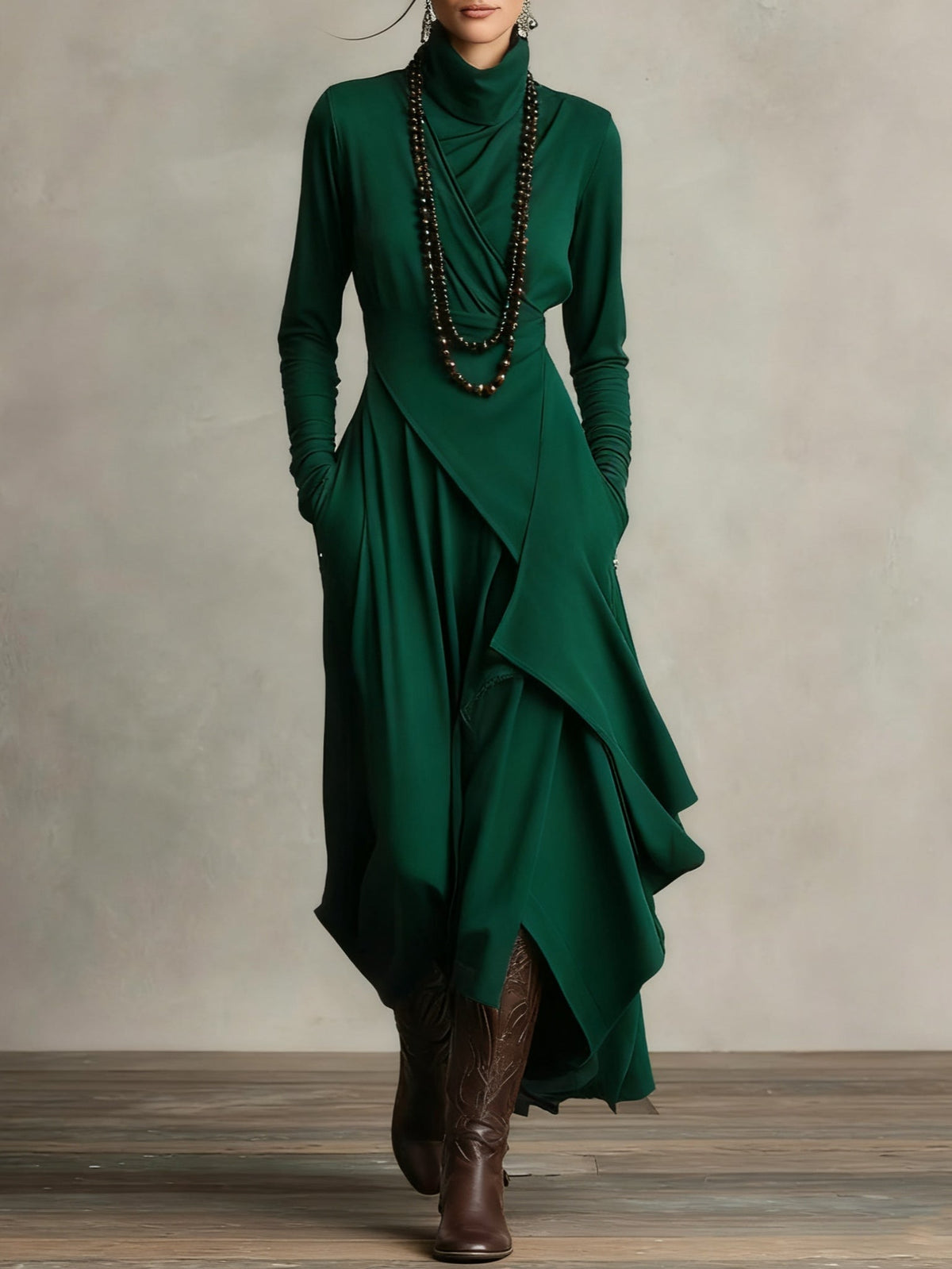 Purple High-Neck Asymmetrical Pleated Maxi Dress