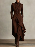 Purple High-Neck Asymmetrical Pleated Maxi Dress