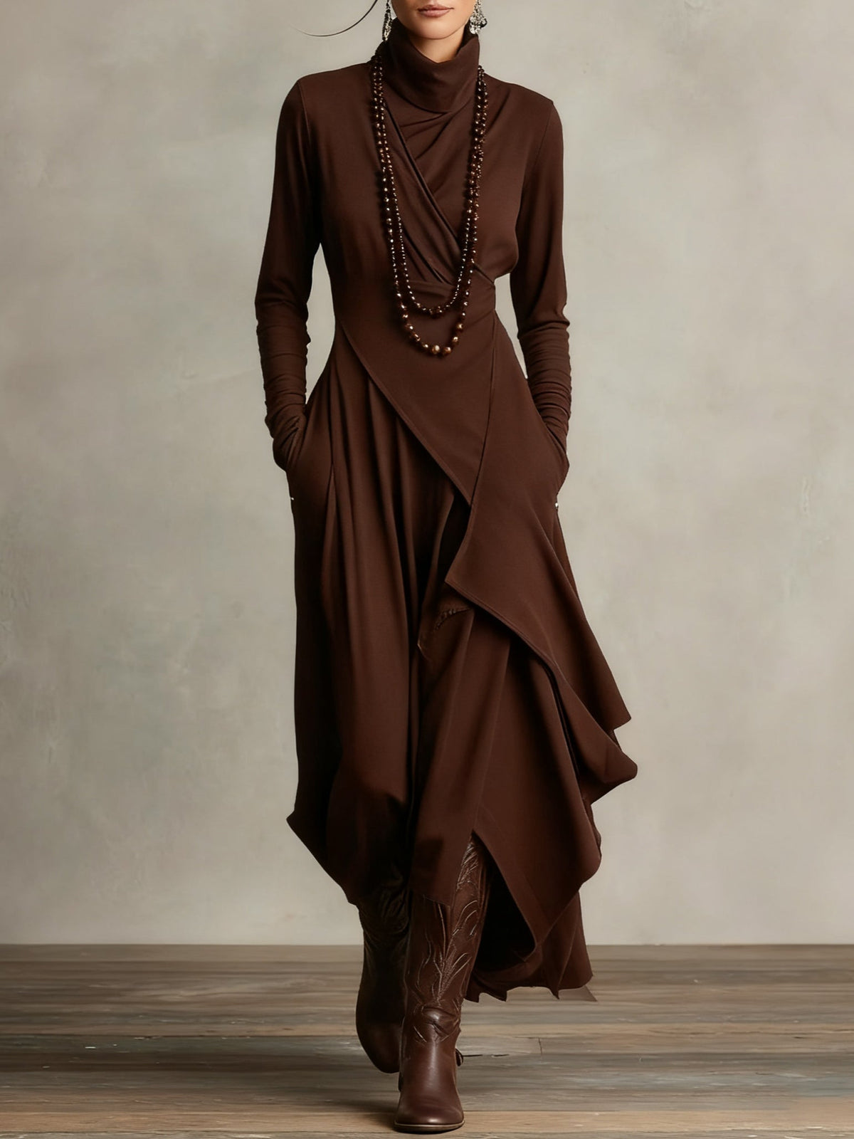 Purple High-Neck Asymmetrical Pleated Maxi Dress