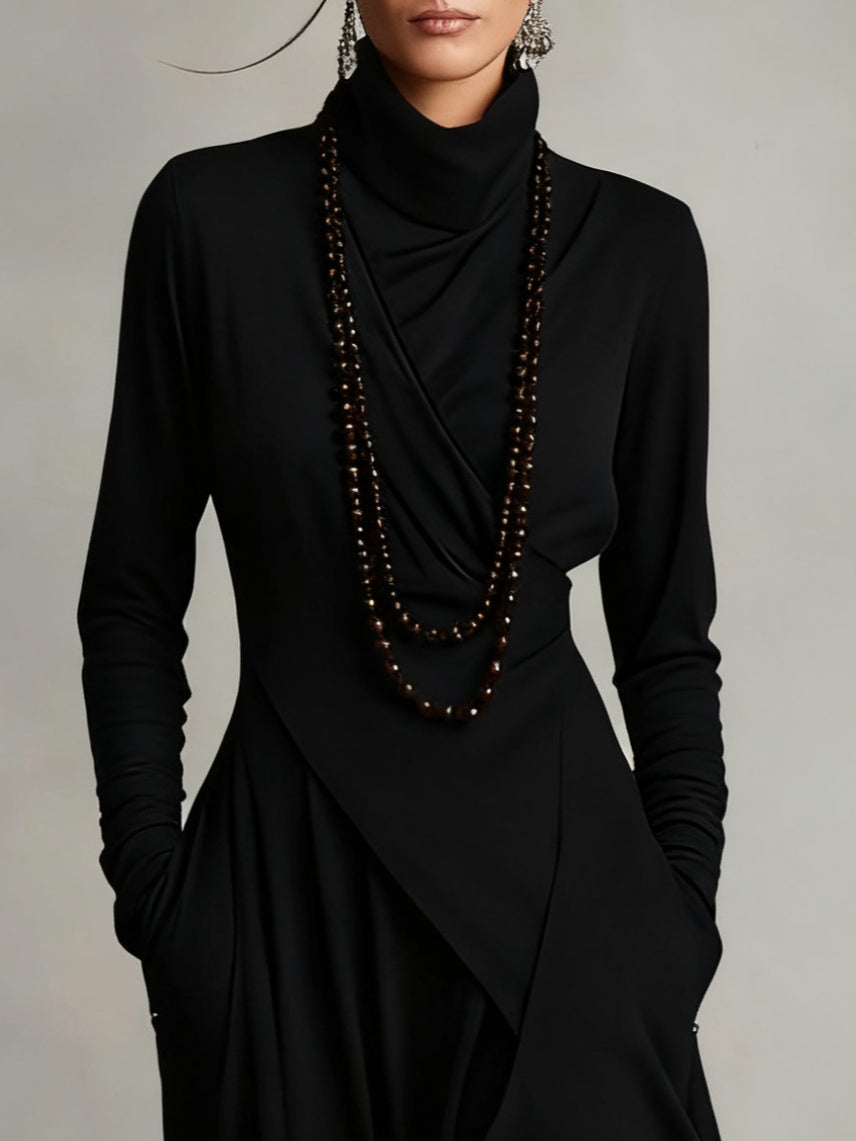 Purple High-Neck Asymmetrical Pleated Maxi Dress
