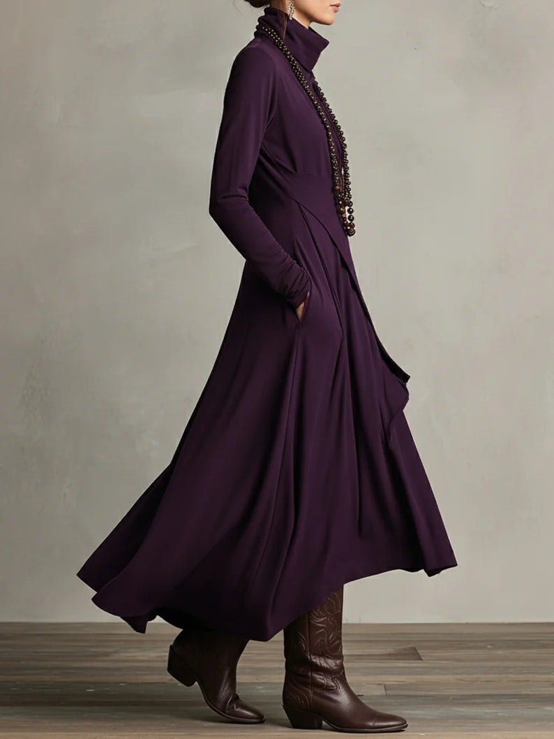Purple High-Neck Asymmetrical Pleated Maxi Dress