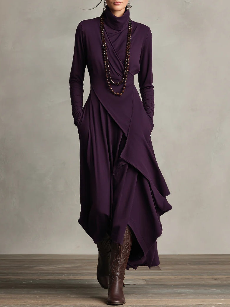 Purple High-Neck Asymmetrical Pleated Maxi Dress