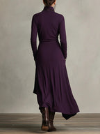 Purple High-Neck Asymmetrical Pleated Maxi Dress