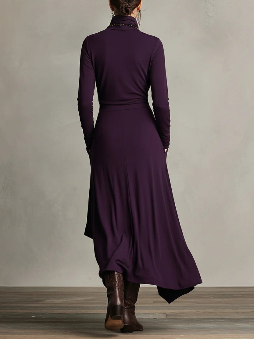 Purple High-Neck Asymmetrical Pleated Maxi Dress