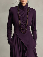 Purple High-Neck Asymmetrical Pleated Maxi Dress