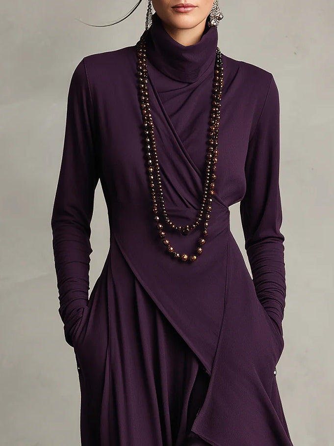 Purple High-Neck Asymmetrical Pleated Maxi Dress