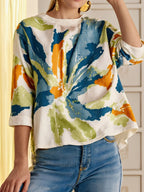 Half Sleeve Loose Buttoned Contrast Color Flower Print Round Neck T-Shirts Tops