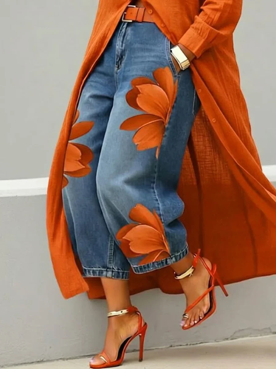 Maud - Linen Shirt Dress and Floral Jeans Set
