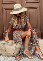 Sienna - Elegant Long Dress with Paisley Prints and Belt