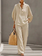 Maribel™ | Conjunto de lino con mangas murciélago y pantalón ancho